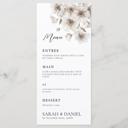 Menu Mariage élégant à fleurs rustiques blanches (Devant)
