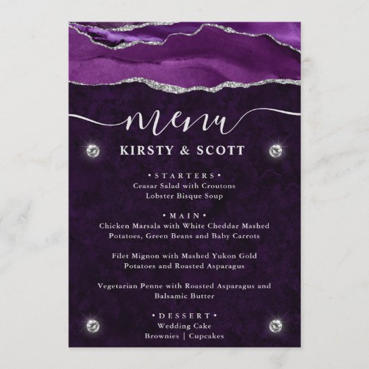 Menu Mariage élégant à l'agate violette et argent (Devant)