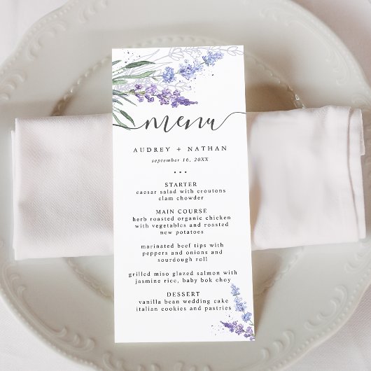 Menu Mariage élégant à l'aquarelle lavande