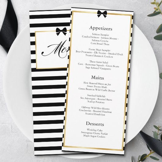 Menu Mariage élégant à rayures noires et blanches avec