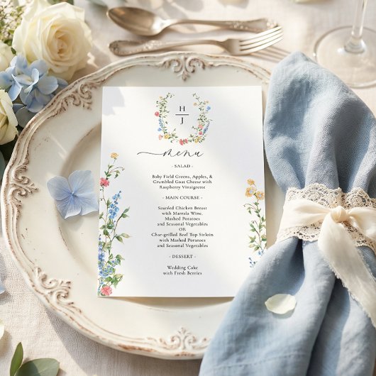 Menu Mariage Élégant aux Fleurs Sauvages Colorées
