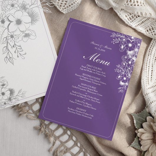 Menu Mariage Élégant aux Fleurs Violettes