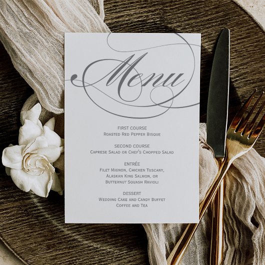 Menu Mariage élégant avec calligraphie grise