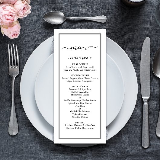 Menu Mariage Élégant avec un Classique Script en Noir e