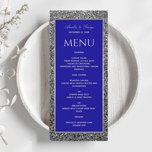 Menu Mariage Élégant Bleu Argent