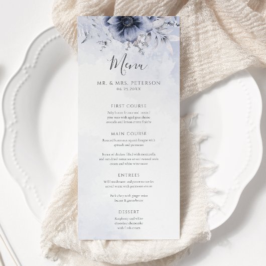 Menu Mariage Élégant Bleu Dusty Et Floral Navy