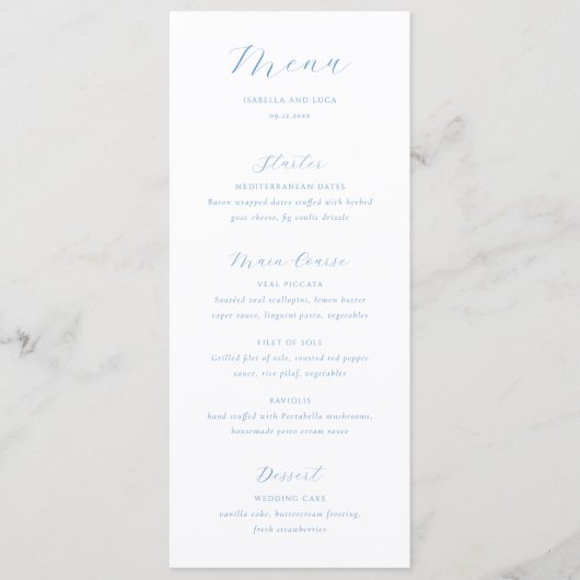 Menu Mariage élégant bleu et blanc de style côtier chic (Devant)