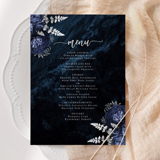 Menu Mariage élégant bleu marine argent floral