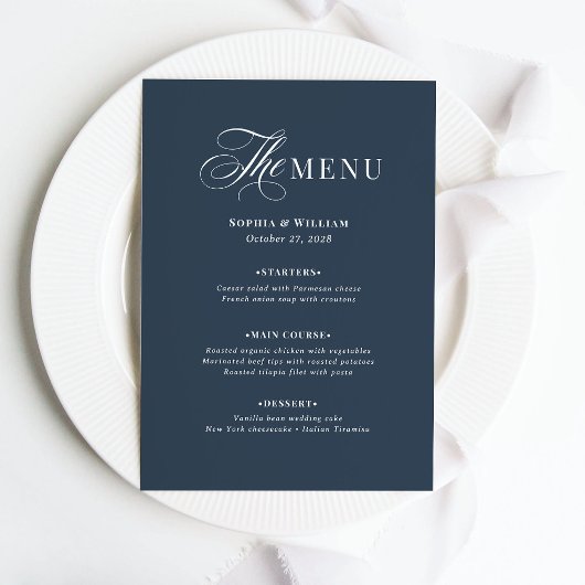 Menu Mariage élégant bleu marine | Luxe Classique