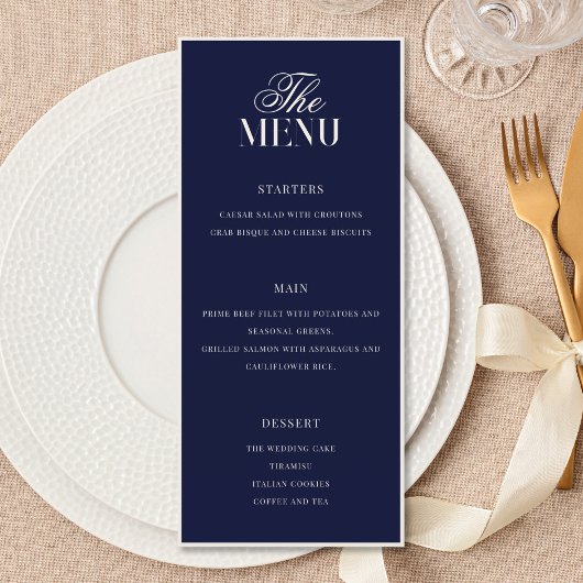 Menu Mariage Élégant Bleu Nuit à l'Ancienne