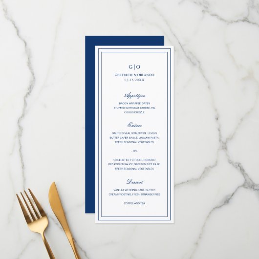 Menu Mariage Élégant Bleu Nuit Classique (Devant/Arrière en situation)