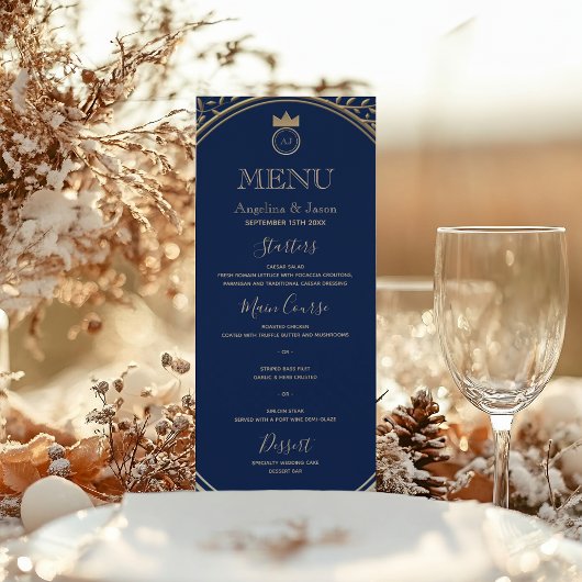 Menu Mariage Élégant Bleu Royal Or