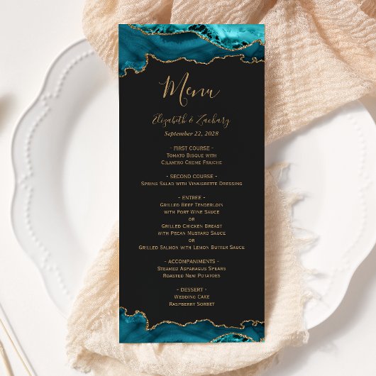 Menu Mariage Élégant Bleu Sarcelle Or Agate Sombre