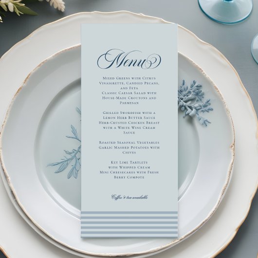 Menu Mariage Élégant Bord de Mer Rayure Bleue