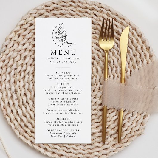 Menu Mariage Élégant Botanique Lune et Étoiles