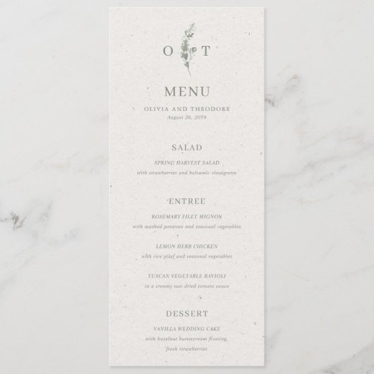 Menu Mariage élégant botanique vert sauge moderne (Devant)