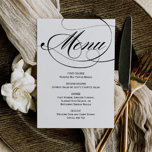 Menu Mariage Élégant Calligraphié Noir et Blanc