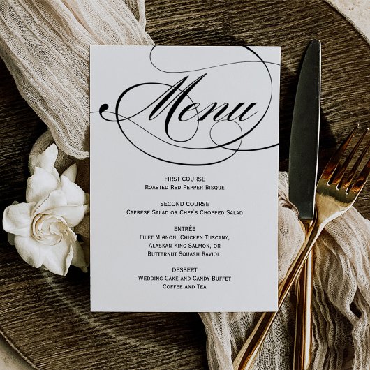 Menu Mariage Élégant Calligraphié Noir et Blanc