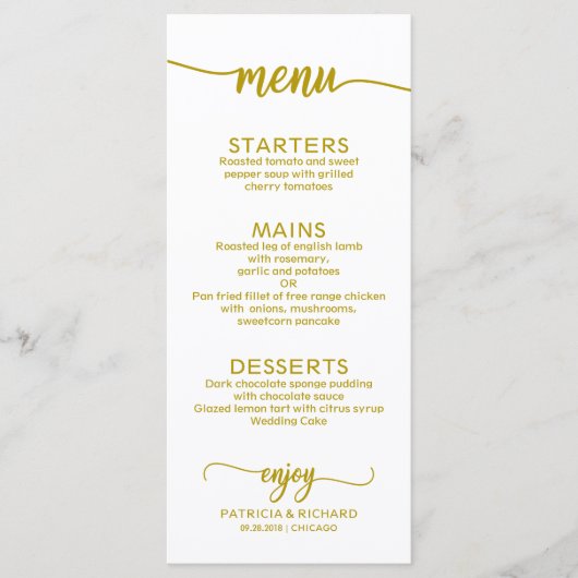 Menu mariage Élégant Calligraphie Or (Devant)