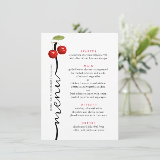 Menu Mariage élégant Cerises Rouge Blanc Rustique Fruit (Debout devant)