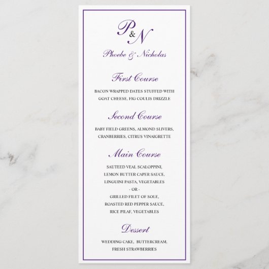 Menu Mariage Élégant Classique Royal Pourpre (Devant)