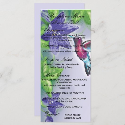 Menu mariage élégant colibri fleurs violettes (Devant / Derrière)