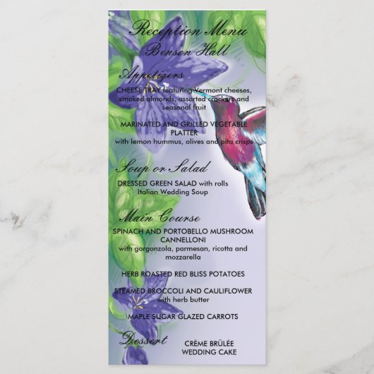 Menu mariage élégant colibri fleurs violettes (Devant)