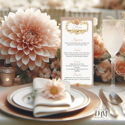Menu Mariage Élégant Dahlia Rose Script Doré