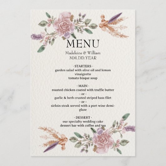 Menu Mariage élégant de Boho rustique moderne (Devant)