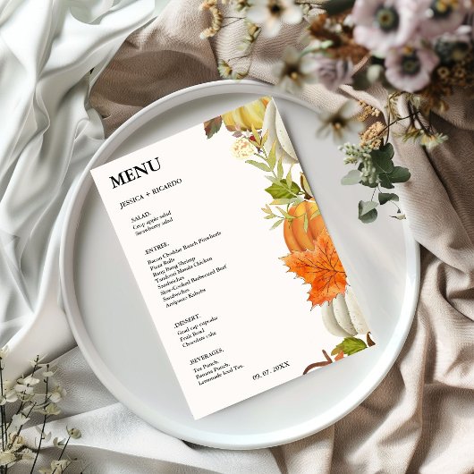 Menu Mariage Élégant de Citrouille de feuilles d'automn
