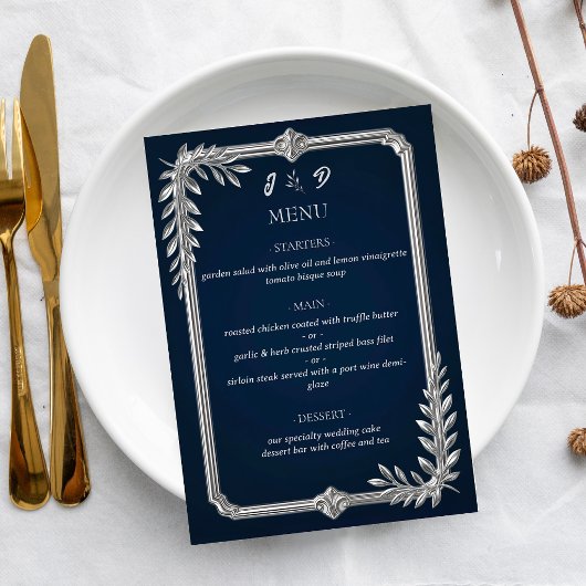 Menu Mariage Élégant de Luxe Bleu Nuit et Argent