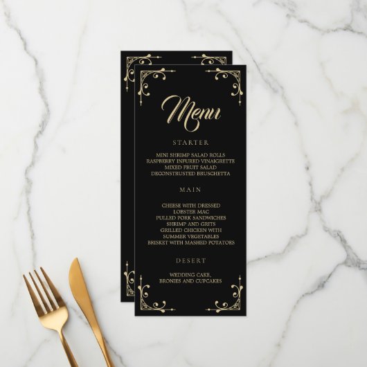 Menu mariage Elégant Déco Or Rétro Noir (Devant/Arrière en situation)