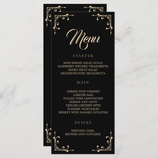 Menu mariage Elégant Déco Or Rétro Noir (Devant / Derrière)