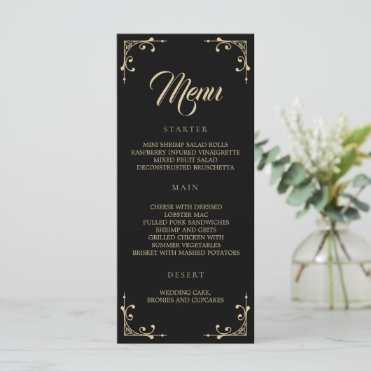 Menu mariage Elégant Déco Or Rétro Noir (Debout devant)