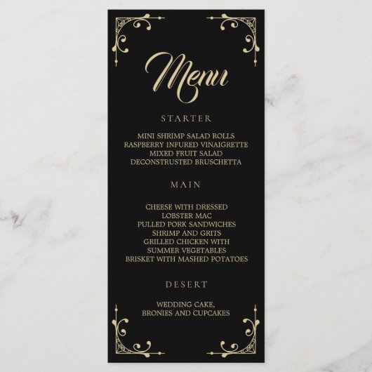 Menu mariage Elégant Déco Or Rétro Noir (Devant)