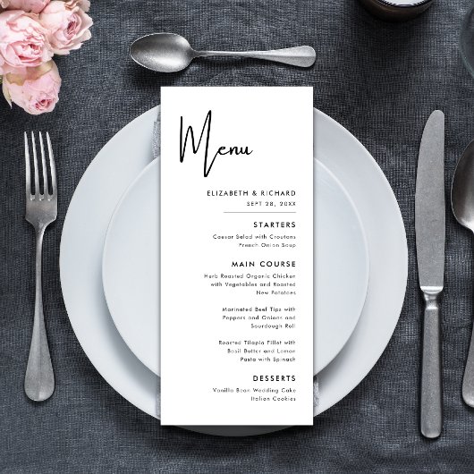 Menu Mariage Élégant et Moderne Noir et Blanc