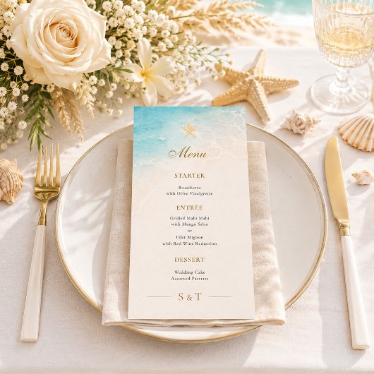 Menu Mariage élégant étoile de mer océan bleu
