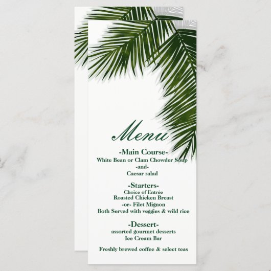 Menu Mariage élégant Feuille de palmier tropical (Devant / Derrière)
