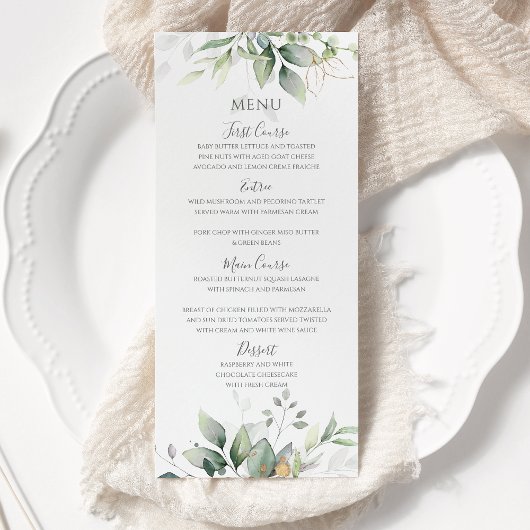 Menu Mariage Élégant Feuilles de Eucalyptus Vert Doré