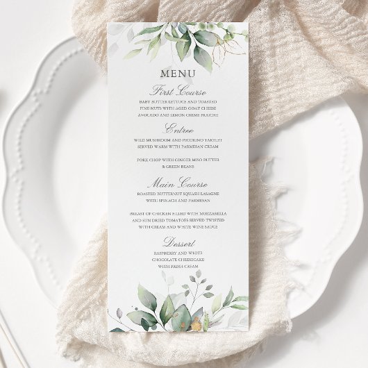 Menu Mariage élégant feuilles d'eucalyptus verdure or