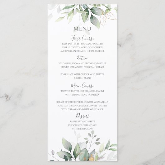 Menu Mariage élégant feuilles d'eucalyptus verdure or (Devant)