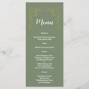Menu Mariage Élégant Fleurs Dorées Vert Sauge