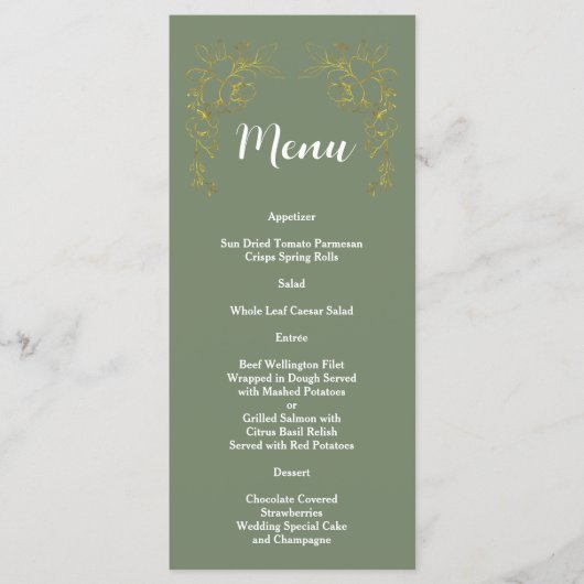 Menu Mariage Élégant Fleurs Dorées Vert Sauge (Devant)