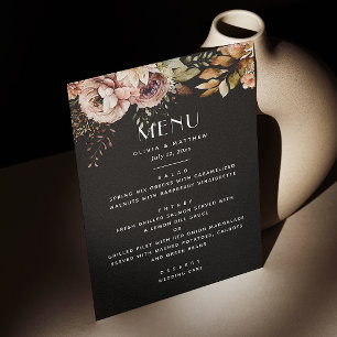 Menu Mariage Élégant Fleurs Noires Bohème Sombre d'Au