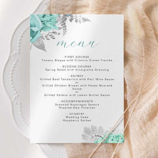 Menu Mariage Élégant Floral Aqua Argent