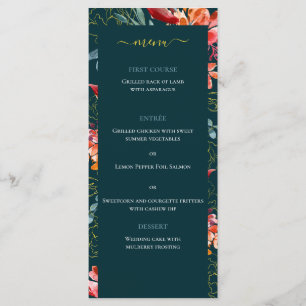 Menu Mariage élégant floral aquarelle corail bleu