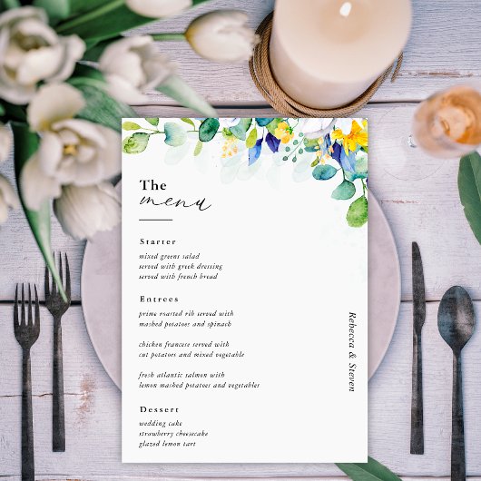 Menu Mariage élégant floral jaune blanc bleu