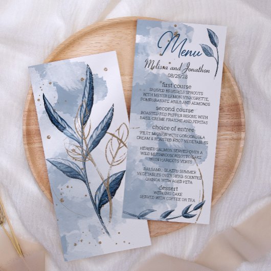 Menu Mariage Élégant Floral Moderne Or Bleu