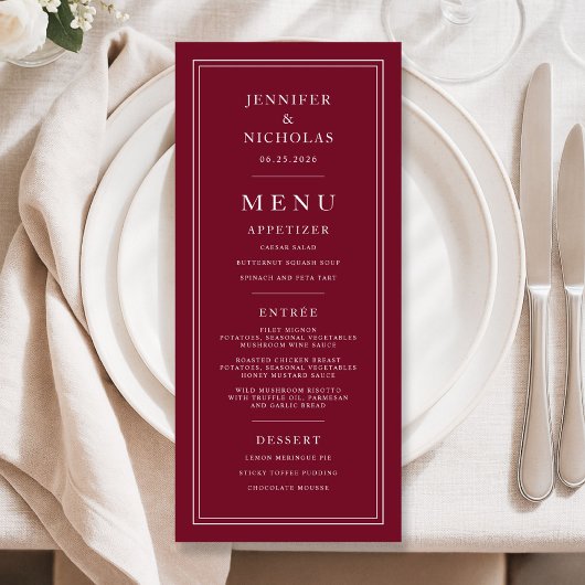 Menu Mariage Élégant Formel Bourgogne