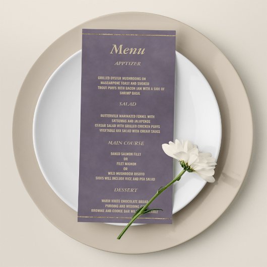 Menu Mariage élégant lavande noire lilas or